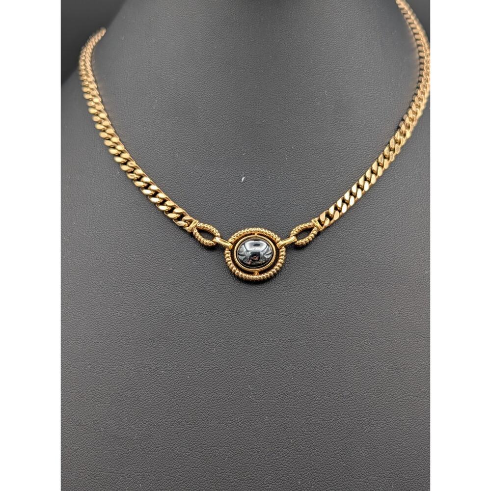 Vintage Signed Louis Feraud Paris Gold Tone 18" Necklace with Hematite Pendant
